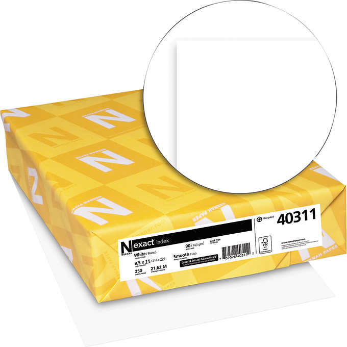 Cartulina blanca, Neenah Exact Index Cardstock Paper, 94 Bright, 90 lb, White, 8-1/2" x 11", Resma 250 hojas