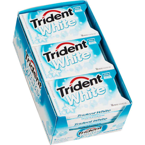 Chicle sabor a menta azul sin azúcar, Trident White Sugar Free Gum, Wintergreen, 16 piezas, Caja 9 unidades