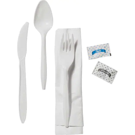 Paquete de cubiertos y condimentos, Vital International Solutions Plastic Fork, Knife, Spoon, Napkin, Salt & Pepper Cutlery Kit, White, Caja 250 unidades