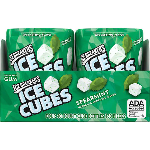 Chicle sabor a hierbabuena sin azúcar, Ice Breakers Ice Cubes Sugar Free Gum, Spearmint, 40 piezas, Caja 4 unidades