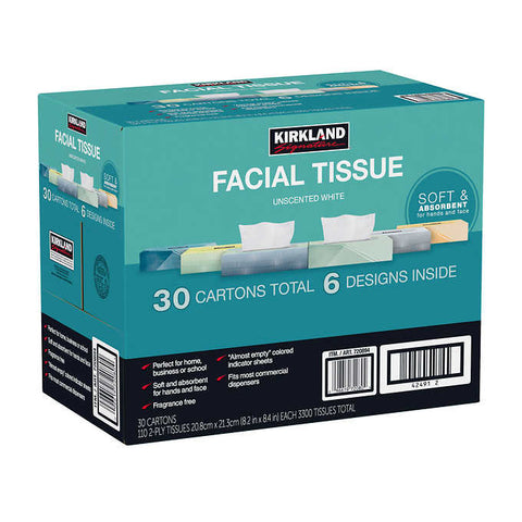 Toallas faciales, Kirkland Signature Facial Tissue, 2-Ply, Flat Box, 110 Toallas, Caja 30 unidades