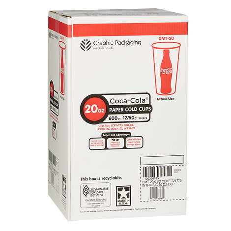 Vasos con diseño Coca Cola. Graphic Packaging Coca-Cola Paper Cold Cup, 20 oz, Caja 600 unidades
