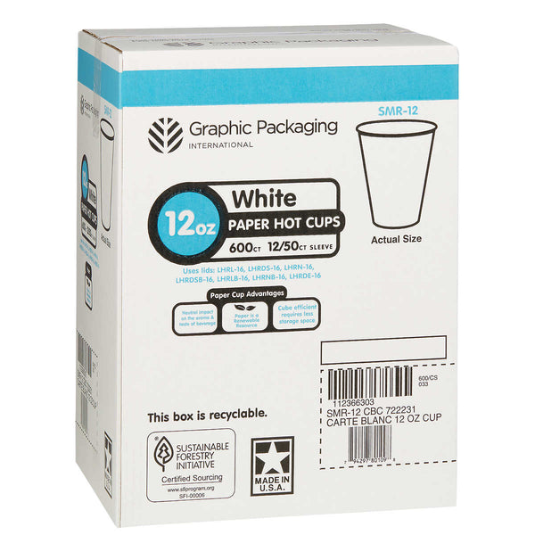 Vasos de papel. Color Blanco. 12 oz. Caja 600 unidades