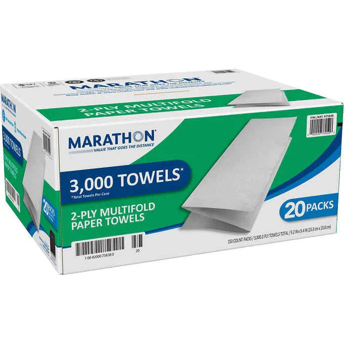 Toallas de papel, Marathon 2-Ply Multifold Paper Towels, White, Caja 3000 unidades