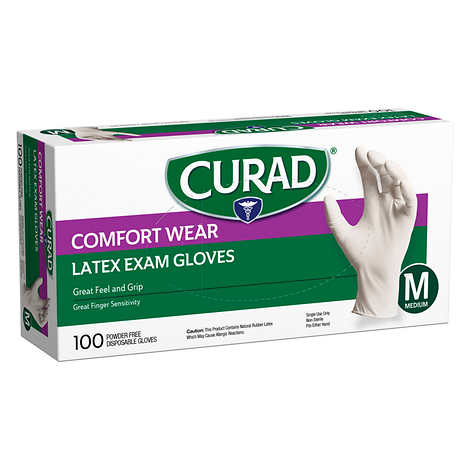 Guantes de látex desechables "medianos", Curad Comfort Wear Latex Exam Gloves, Medium, Caja 300 unidades