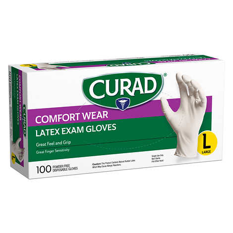 Guantes de látex desechables "grandes", Curad Comfort Wear Latex Exam Gloves, Large, Caja 300 unidades