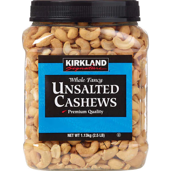 Merey entero sin sal, Kirkland Signature Whole Fancy Cashews, Unsalted, Envase 1.13 kg