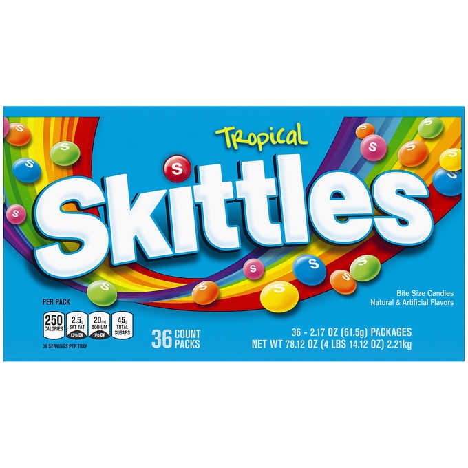 Caramelos masticables frutas tropicales variados, Skittles Tropical Full Size Chewy Candy, 2.17 oz, Caja 36 unidades