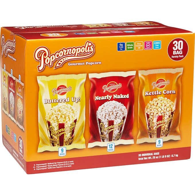 Palomitas de maíz variadas, Popcornopolis Gourmet Popcorn, Variety Pack, Caja 30 unidades