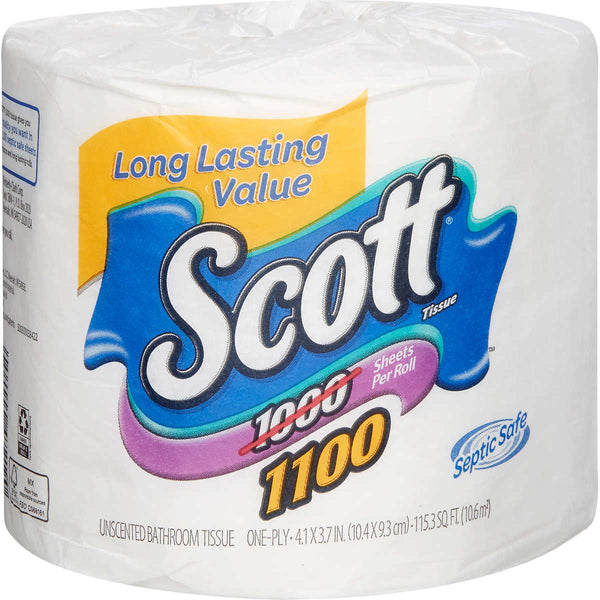 Papel Sanitario Scott Bath Tissue, Hoja Simple. 4.1" por 3.7". 1100 Sheets. Paquete de 36 rollos