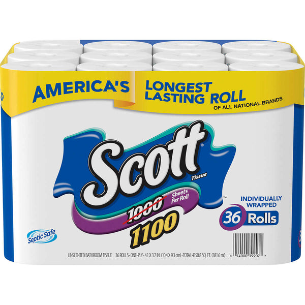 Papel Sanitario Scott Bath Tissue, Hoja Simple. 4.1" por 3.7". 1100 Sheets. Paquete de 36 rollos