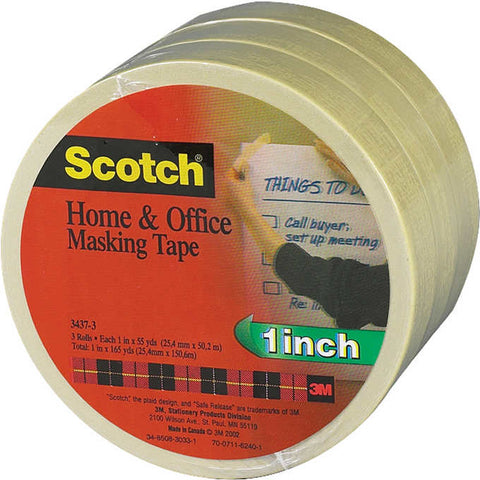 Cinta adhesiva blanca, Scotch Home & Office Masking Tape, 1" x 50 yds, Paquete 3 unidades