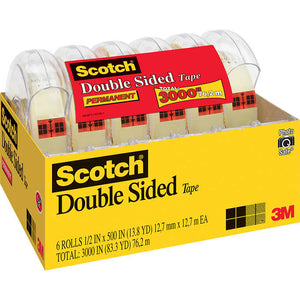 Cinta adhesiva transparente, Scotch Double Sided Tape with Dispenser, 1/2" x 500", Clear, Caja 6 unidades